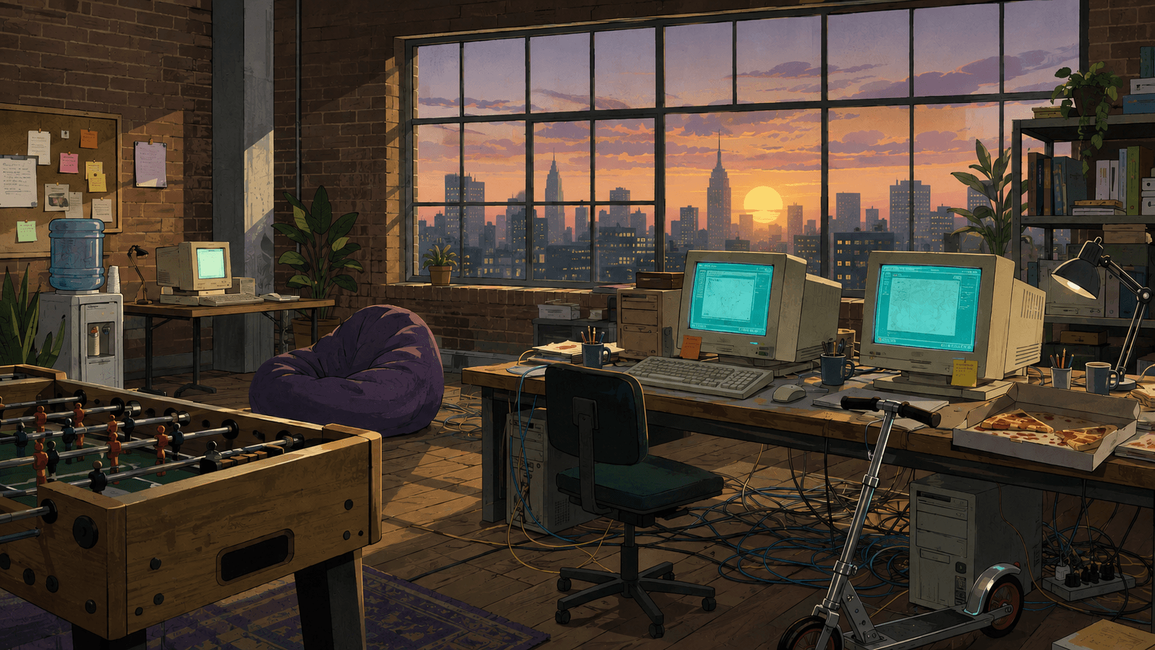 A late-1990s dot-com startup loft office at sunset, with a foosball table and CRT monitors